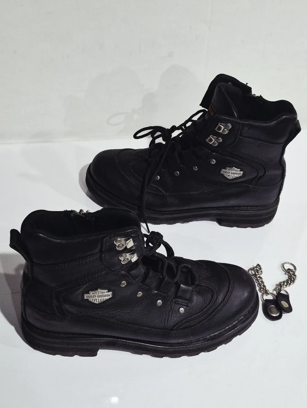 HARLEY DAVIDSONMen's Black Leather Lace-Up Boots with Side Zipper. Size 10